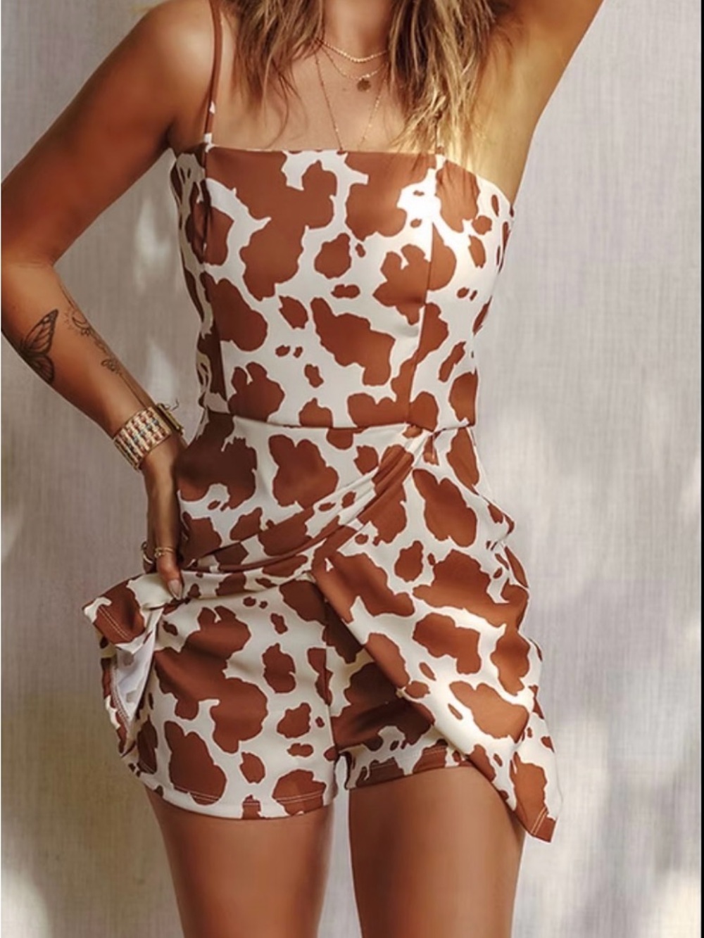 Altar'd State Brown & White Cow-Print Spaghetti Strap Mini Dress